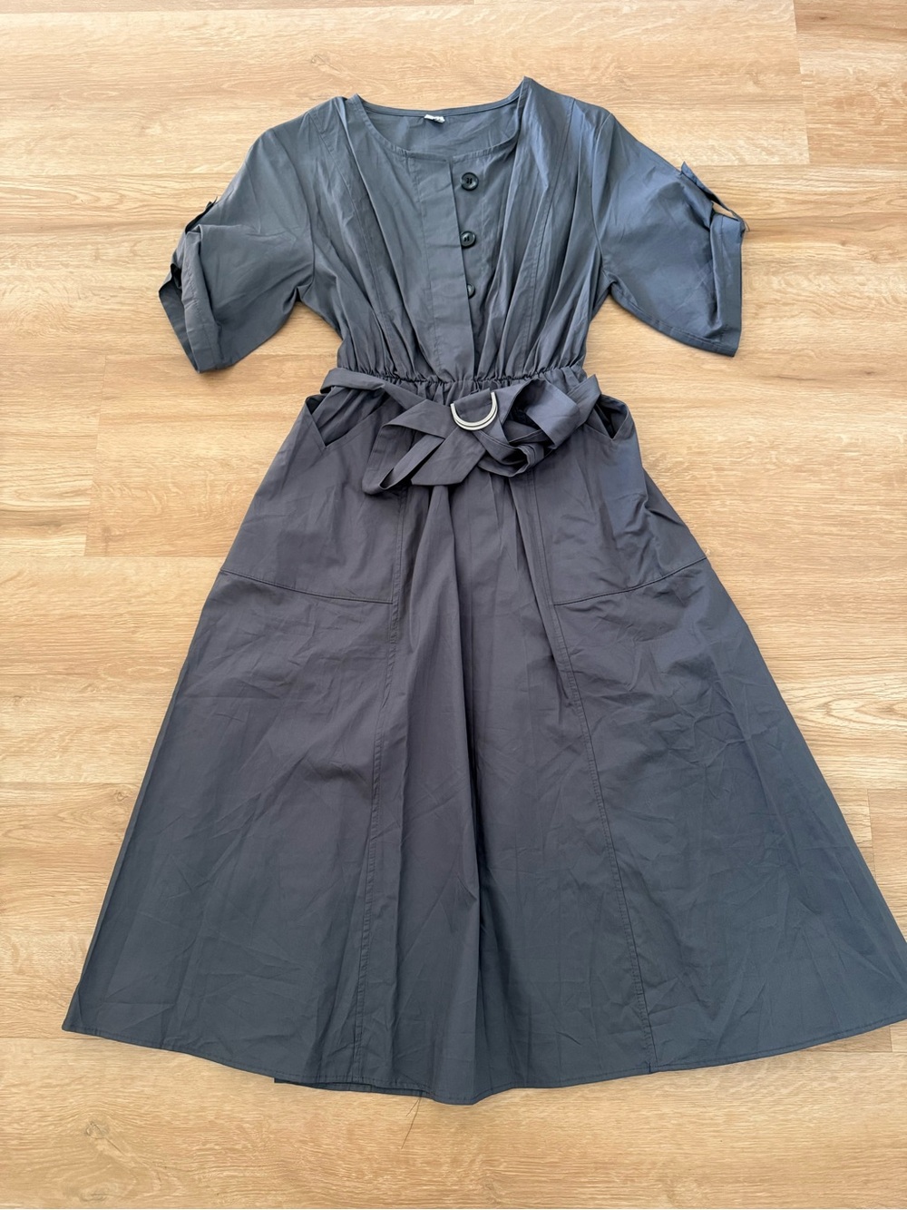 Charcoal Gray Short-Sleeve Belted Midi Dress